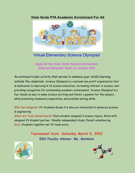 Elementary Science Olympiad Register By October 30th Vista Verde PTA Elementary Science Olympiad Register By October 30th Vista Verde PTA